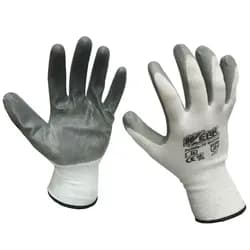 (WE2109) Перчатки трикотажные полиэстер, белый цвет, нитриловое покрытие (серый), оверлок на манжете серого цвета, р.10 WERK - PRORAB